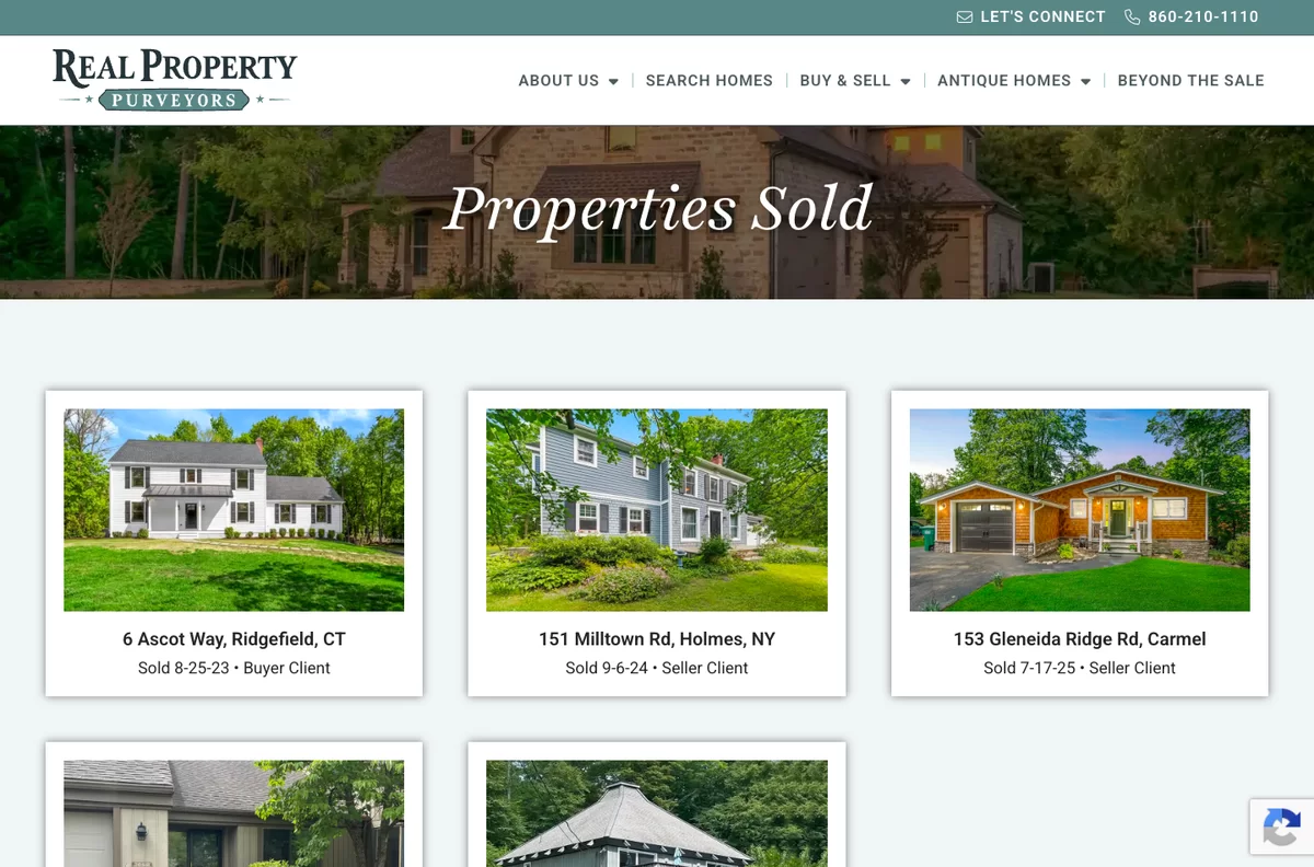 Real Property Purveyors Properties Sold page designed by DePinho Design